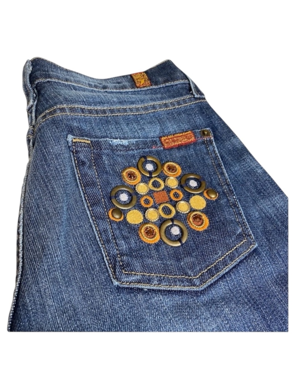 new 7 For All Mankind® ☯︎︎ Gold Medallion Embroidered Bootcut Jeans ☯︎︎ NY Dark - Picture 15 of 17